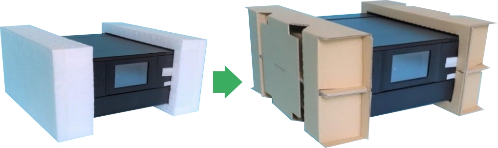 株式会社サンエコーでは、発泡スチロール使用の緩衝材を紙化（段ボール化）します